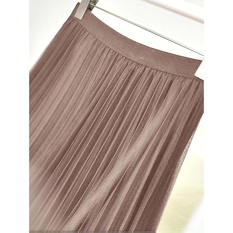 Polly Pocket Skirt Women'S Chic A-Line Pleated Skirt, 100% Polyester Knit Fabric, Solid Color, Elastic Waist, All-Season, Breathable Mesh Lining, 24g/m² - Elegant Midi Skirt 7