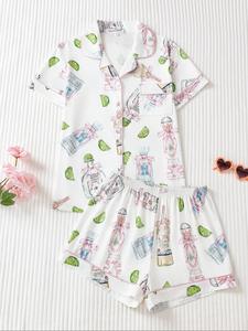 Women's Cartoon Bottle Print Shirt & Elastic Waist Shorts Pajama, Casual Comfy Short Sleeve Button Top & Shorts Pajama Set, Ladies Sleepwear for All Seasons