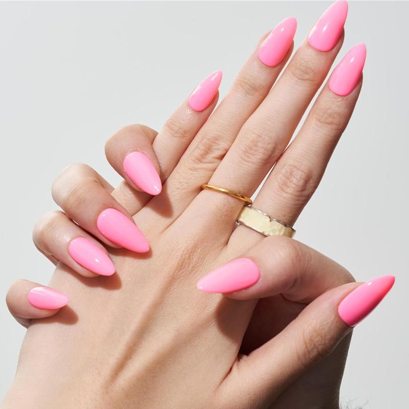 GLAMERMAID Press on Nails Medium Almond, Spring Summer Handmade Hot Pink Gel Glue on Nail, 24Pcs Glossy Short Stiletto Reusable UV Finish Fake Nails Acrylic False Nails Manicure Kits for Women 4