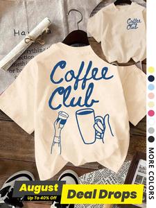 Women's Coffee Cup & Letter Print Round Neck Tee, Casual Fitted Short Sleeve Crew Neck T-shirt for Daily Wear, Ladies Clothes for All Seasons, Top, Womenswear, Crewneck Tshirt, Shortsleeve Graphic Tee, Breathable Summer Tee