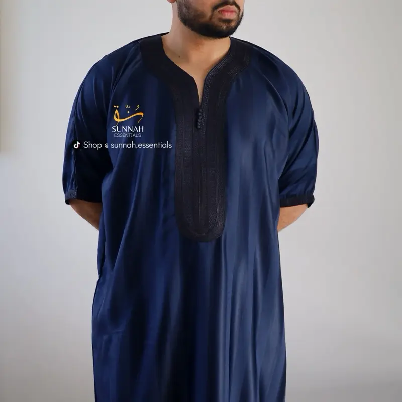 Moroccan Thobes Striped in Butter Yellow, Green & Navy Blue - Islamic Clothing 5