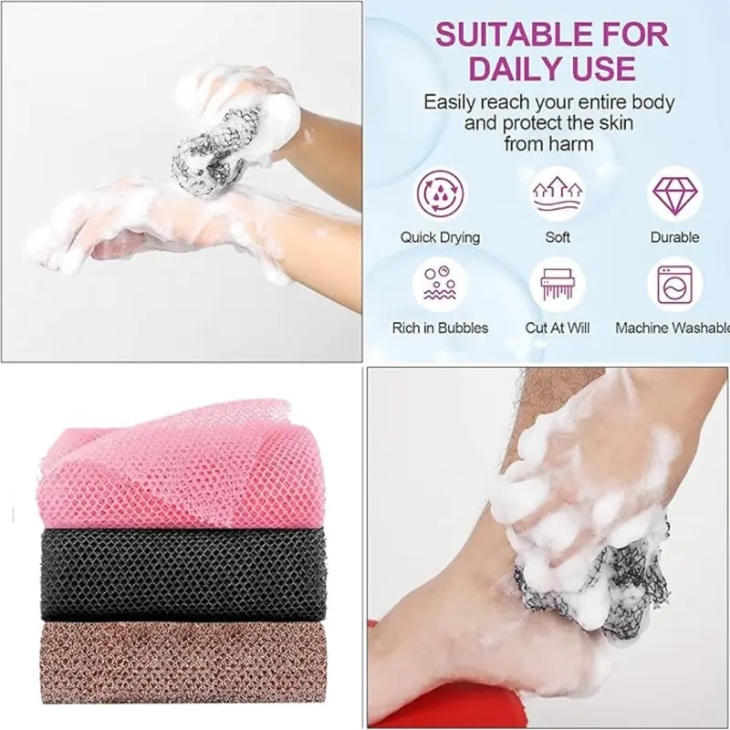 3pcs African Sponge Bath, Exfoliating Net, Beauty Skin Wash Towel African Net Cloth Nylon Back Scrubbers Shower Body Cleaning Spa Massage Bath Towel Back Scrubber 4