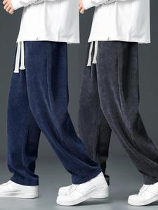 Men's Solid Textured Drawstring Waist Corduroy Pants, Casual Comfy Loose Straight Leg Trousers for Fall & Winter, Men's Bottoms for Daily Wear