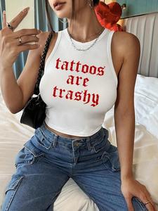 Women's Letter Print Round Neck Crop Tank Top, Casual Sleeveless Cropped Top for Summer, Fashion Women's Top for Daily Wear, Casual Tank Tops