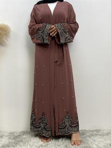 Women's Ethnic Pattern Faux Pearls Decor Belted Abaya, Elegant Long Sleeve V Neck Dress for Spring & Fall, Women's Islamic Clothing for Daily Wear