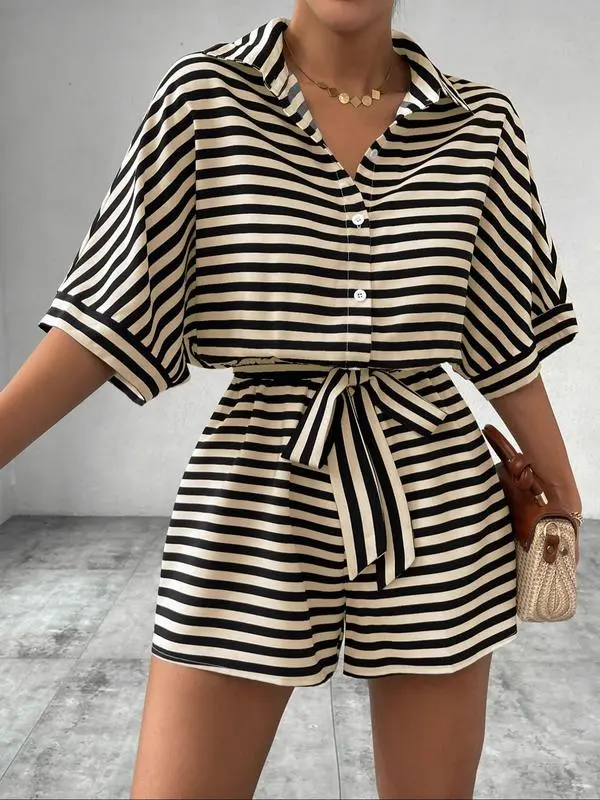 Women's Striped Print Romper, Casual Belted Romper for Summer, Fashion Women's Clothes for Daily Wear 0
