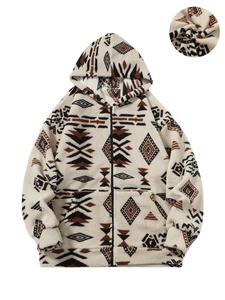 Men's Ethnic Pattern Zip Up Thermal Lined Hoodie, Casual Loose Drop Shoulder Long Sleeve Hooded Jacket for Fall & Winter, Men's Clothes for Daily Wear