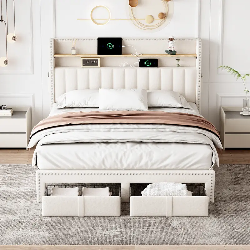 4ft6 Double Upholstered Bed with 2 Storage Drawers, Riveted Storage Bed with Charging and Lighting, Linen Platform Bed Frame No Box Spring Needed, Easy Assembly, Beige (No Mattress) 4