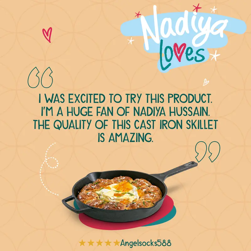Nadiya Hussain 25cm Cast Iron Skillet Pan - Oven and BBQ Safe Cookware, With Sturdy Thin Handle 8