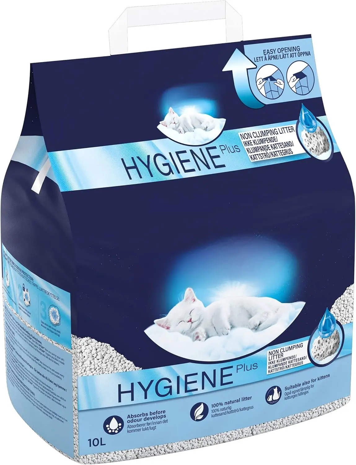 Hygiene Non-Clumping Cat Litter, 100 Percent Natural, Absorbent, 10 Litre, White