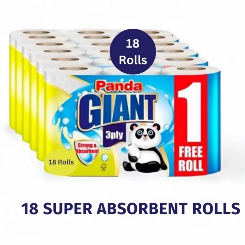 18 Rolls Panda Giant 3 Ply Thickness Paper Towel Extra Strong Absorbent Tough Durable Kitchen Roll Multipurpose 6 Packs of 3 Rolls Cleaning Wipes Household 4