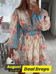 Women's Floral Print Belted Dress, Elegant Long Sleeve Dress for Spring & Fall, Women's Casual Clothing for Daily Wear