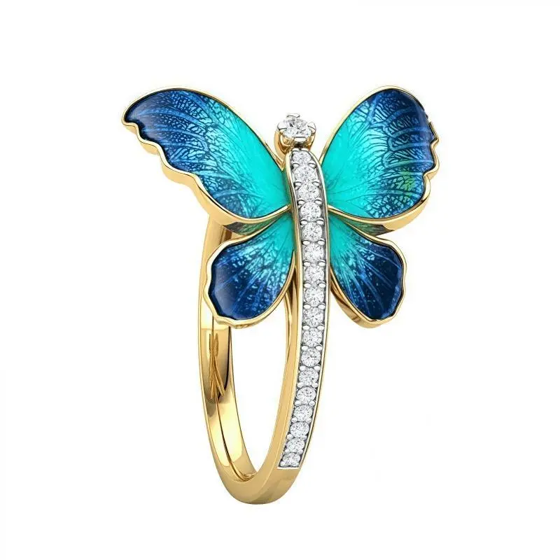 Elegant Butterfly Design Women's Ring with Blue Enamel & Clear Crystals - Golden-Tone Bridal Wedding Engagement Jewelry, Valentine's Day Gift for Her, Luxury Accessories, Special Occasion Jewelry 3