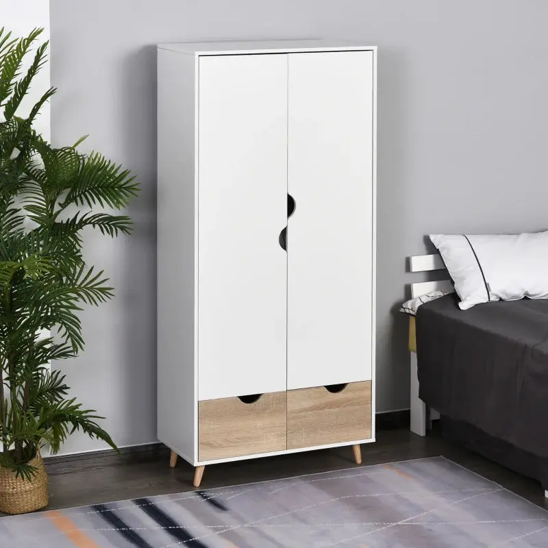 2-Door Wardrobe with Hanger Rail and 2 Underneath Drawers - White / Pine Wood 0