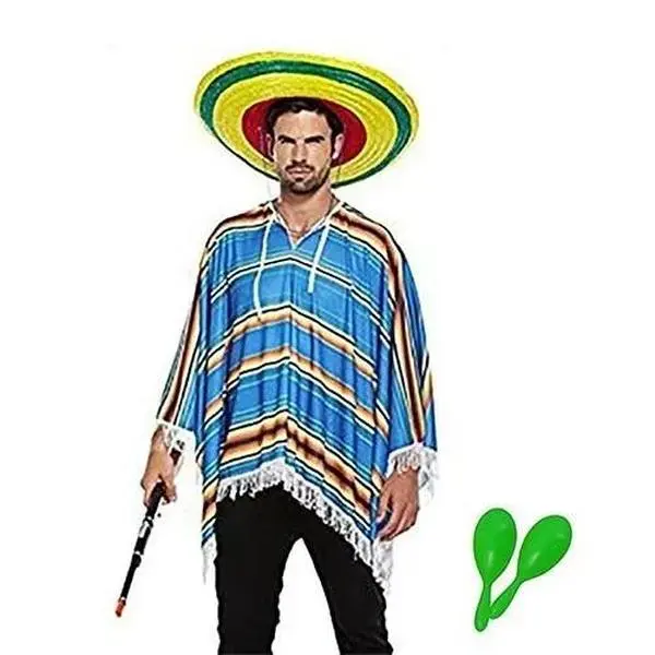 Blue Mexican Poncho Fancy Dress Costume with 2 Maracas 0