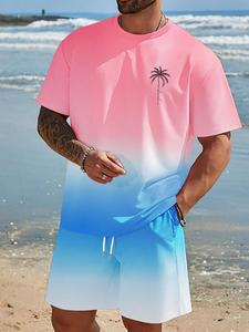 Men's Gradient Short Sleeve Tee & Drawstring Waist Shorts Set, Regular Fit Casual Comfy Round Neck Shortsleeve T-shirt & Pocket Track Shorts, Matching Shorts Set, Summer Outfits 2025, Tropical Menswear