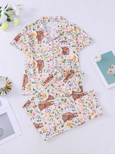 Women's All Over Cow Print Crop Shirt & Pants Pyjama Two-piece Set, Casual Comfy Short Sleeve Top & Trousers Pj Set, Ladies Sleepwear for All Seasons, Loungewear, Pajamas, Womenswear