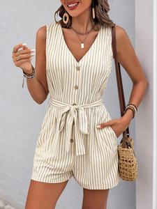 Women's Striped Print Button Romper, Elegant Sleeveless Romper for Summer, Ladies Clothes for Daily Wear