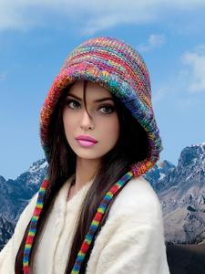 Colorblock Crochet Hat with Ear Cover, Boho Style Warm Hat with Ear Cover for Women, Fashion Accessories for Fall & Winter Christmas Gift