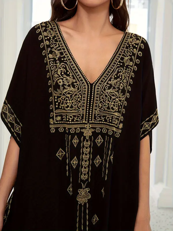 EDOLYNSA Plus Size Women's Middle Eastern-Inspired Casual Short Sleeve Batwing Sleeve V-Neck Split Hem Maxi Kaftan Dress - Lightweight Beach Dress for Spring Summer Fall, Hand Wash Only, Vacation Outfit, Loose Fit, Flowy Material, Vacation Wardrobe 0