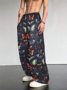 Men's Butterfly Print Pocket Wide Leg Pants, Regular Fit Casual Comfy Trousers for Daily Wear, Men's Bottoms for All Seasons