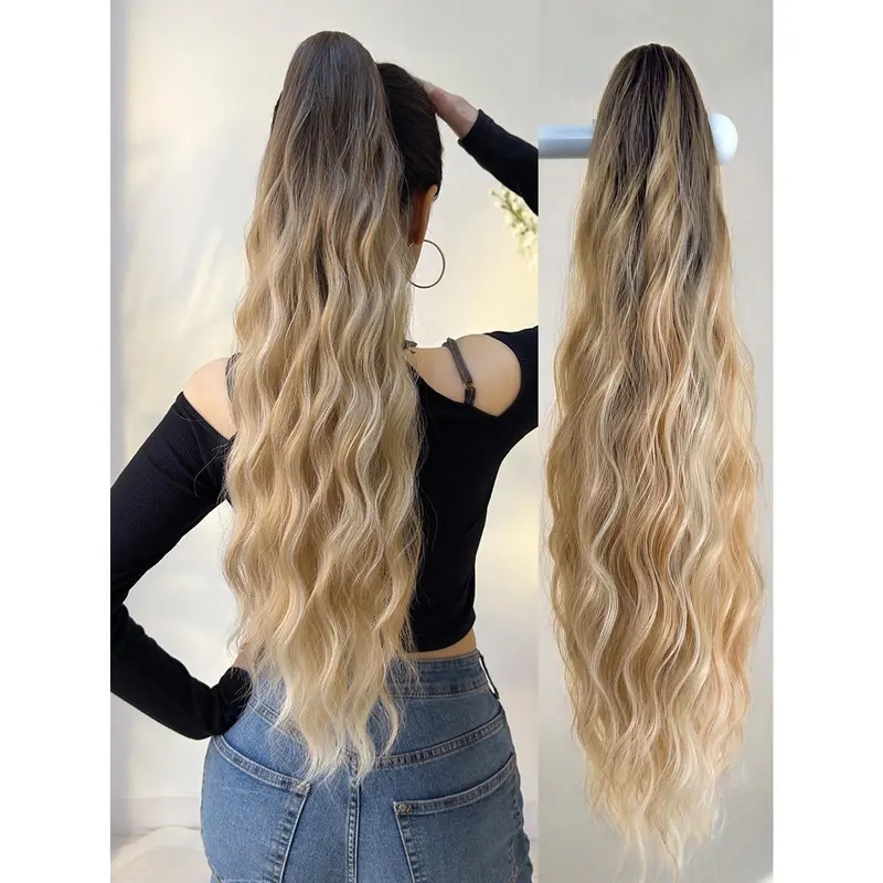 Claw Ponytail Extension Hair Ombre Long Water Wave 26 Inch Heat Resistant Fiber Synthetic Hairpiece For Women Girls Party Daily Use 0