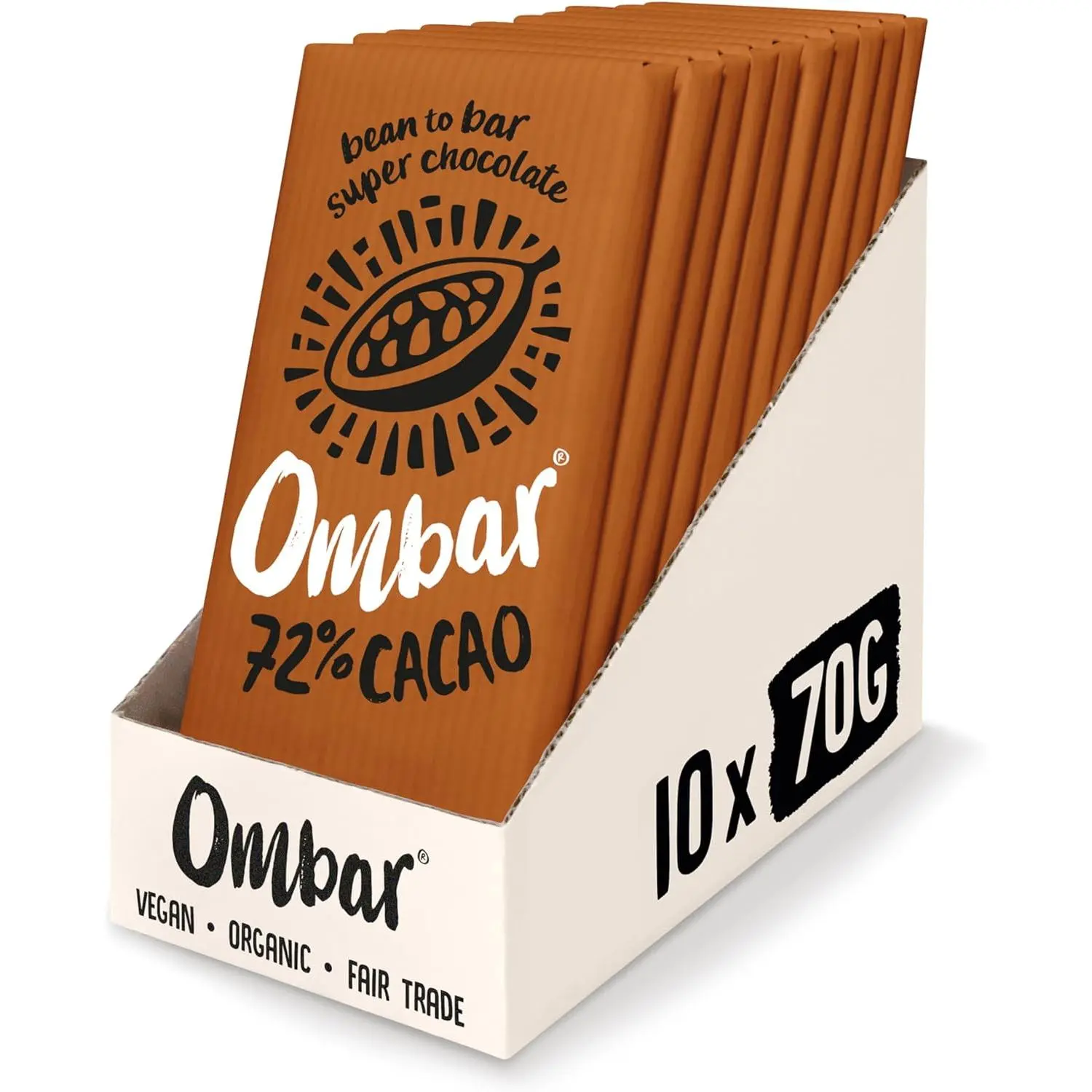 Vegan Chocolate - Ombar 72% Dark Chocolate (70g x 10 Bars) Organic Fair Trade, Dairy and Gluten Free Chocolate