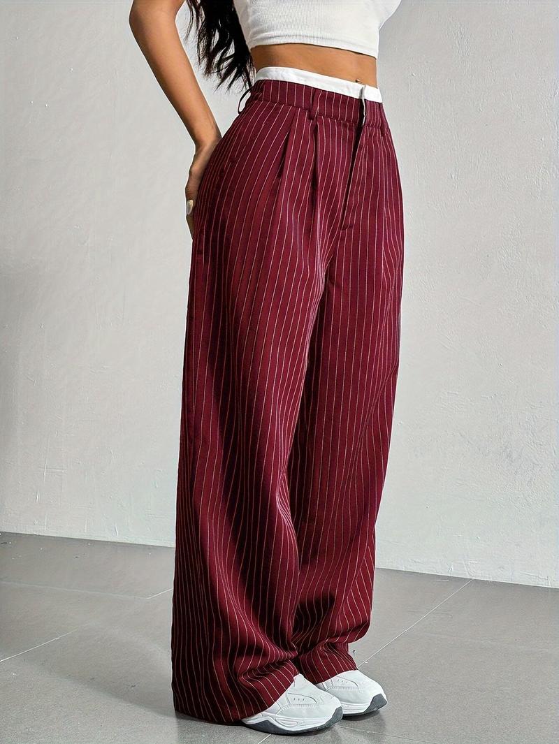 Product Introduction of Women's High-Waist Striped Wide-Leg Blazer Pants - Navy Blue & White Vertical Stripes, Polyester, Casual Style, Machine Washable, Spring/Summer/Fall Wear, Versatile Legwear | Wideleg Design | Glossy Texture, Wide Leg Pants 18