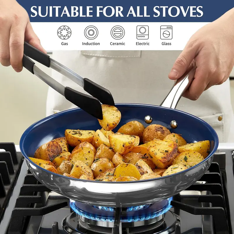 KOCH SYSTEME CS Stainless Steel Frying Pan, 8 Inch Stainless Steel Pan with Lid & Ultra Nonstick Blue Ceramic Coatings, 8 Inch Pans, Nontsick Small Frying Pans with Lid, Induction Compatible 4