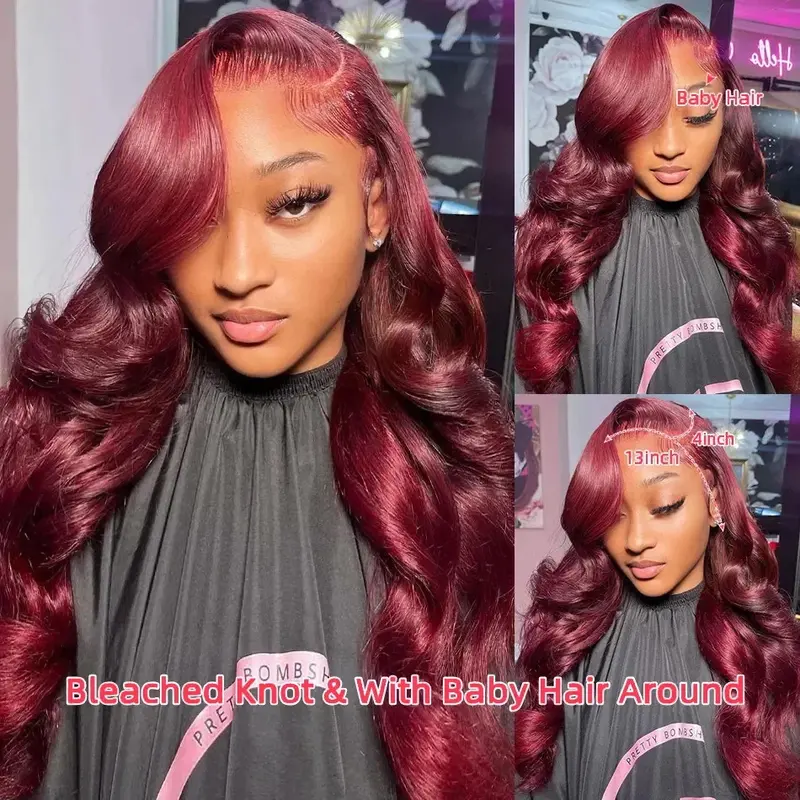 Burgundy 13x4 HD Lace Front Wigs 99J Wine Red Colored 100% Body Wave Transparent Lace Frontal Human Hair Wigs Sale Pre Plucked 2