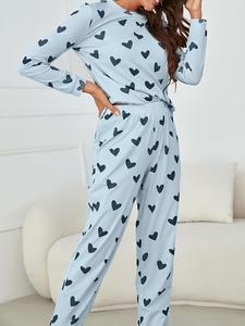 Two-piece Set Women's Heart Print Round Neck Tee & Elastic Waist Pants Pyjama Set, Crew Neck Long Sleeve T-shirt & Trousers Set, Fashion Soft Pj Homewear, Valentine's Day Gift, Casual Style Comfy Sleepwear Set for Women, Womenswear