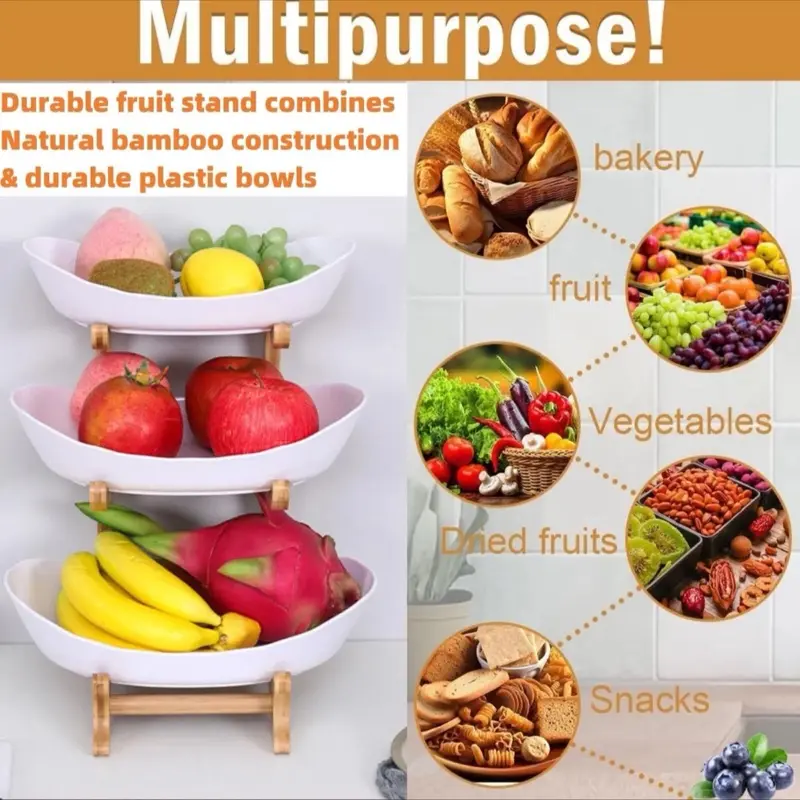 3 Tier Fruit Storage Basket Wooden Bowl Holder Utility Rack & Dining Stand 4