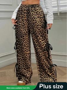 【Plus Size】Leopard Print Tie Side Pants, Casual Loose Comfy Wide Leg Pants for Daily Wear, Women's Bottoms for All Seasons, Womenswear, Plus Size Clothes Women, Boho Casual Pants, Boho Trousers, Elastic Waist Pants