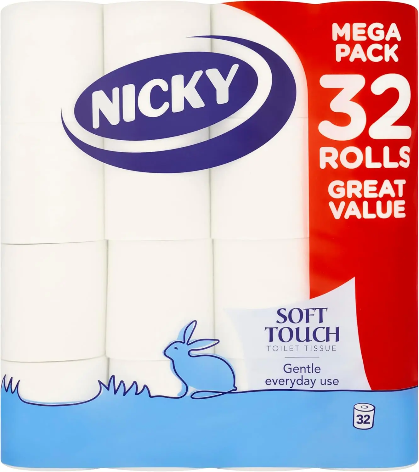 Nicky Soft Touch Toilet Tissue |Extra Value Pack – 32 Rolls of Extra Gentle White Toilet Paper |190 Sheets per Roll| 2-ply | Soft Tissue | Modern Embossing |Easy Opening | 100% FSC Certified Paper