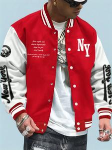 Men's Letter Print Baseball Collar Bomber Jacket, Loose Casual Sporty Long Sleeve Varsity Jacket for Autumn & Winter, Men's Outerwear for Daily Wear, Street Fashion Outerwear