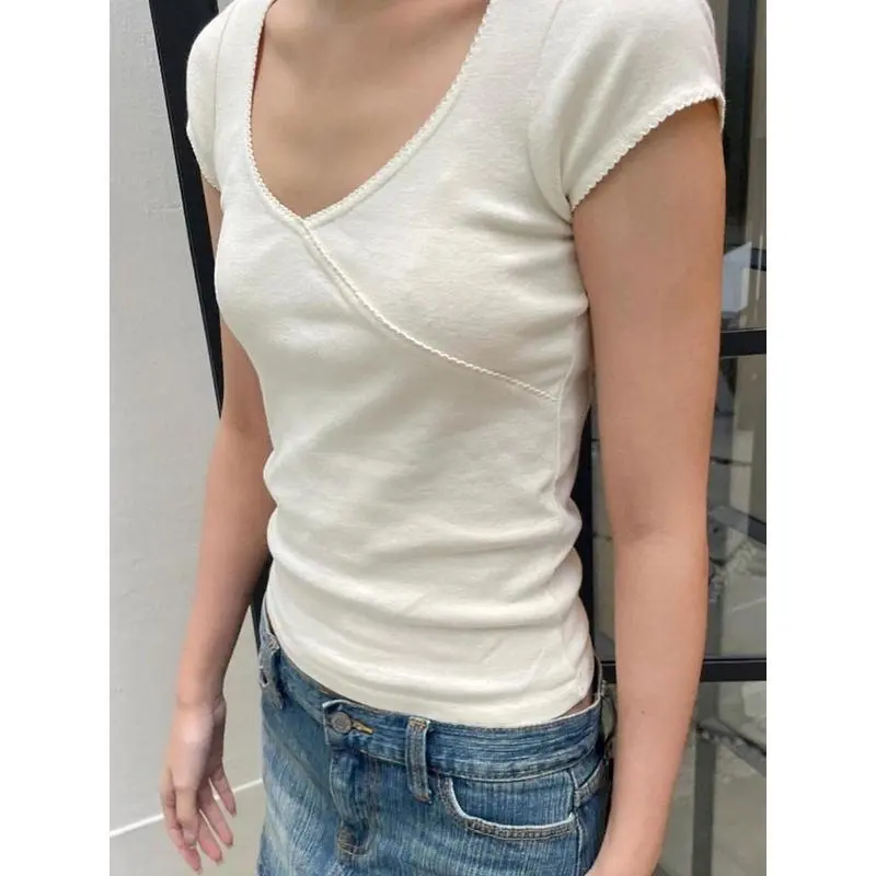 Vintage Slim T-Shirt Summer V Neck Streetwear Cotton Top 2024 Femme Sweet Cute Y2k Simple Tee Tops Woman Clothes 3