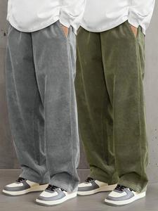Men's Solid Corduroy Pants, Loose Casual Comfy Drawstring Waist Straight Leg Trousers for Fall & Winter, Men's Bottoms for Daily Wear