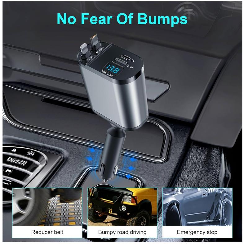 AHDXKUE Retractable Car Charger Adapter, 4 In 1 Car Charger with Retractable Cables and Voltage Display, Car Phone Charger with USB/USB-C Ports, Cigarette Lighter USB Charger for 12V / 24V Vehicles 4