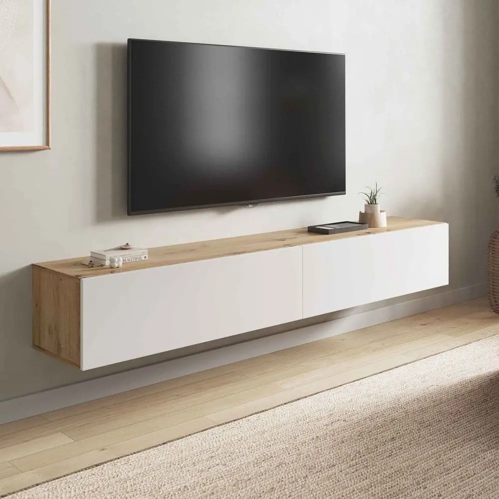 Marrone Wall Mounted TV Unit TV Stand - Nordic Oak Effect and White, Modern Floating Entertainment Cabinet