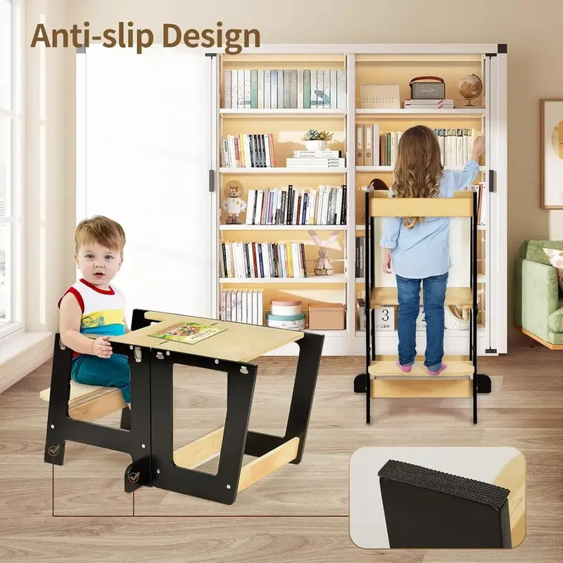 3-in-1 Toddler Learning Tower Kids Step Stool & Mini Desk with Safety Rail Black And white 4