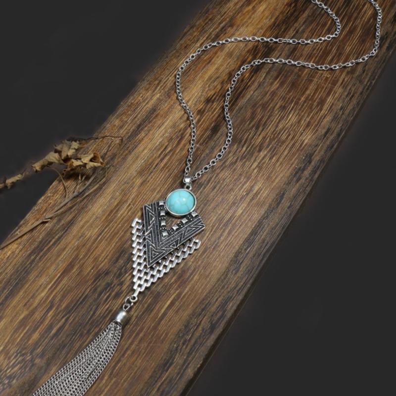 Turquoise Decor Geometric & Metal Tassel Charm Necklace 4