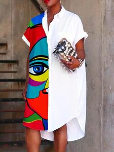 Women's Cartoon Face Print Curved Hem Shortsleeve Shirt Dress, Casual Batwing Sleeve Knee Length Dress for Summer, Ladies Clothes for Holiday Vacation, Holiday Dresses, Summer Dresses, Casual Classy Fashion