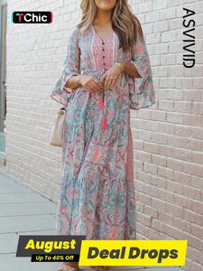 Women's All Over Paisley Print Button Front Ruffle Hem A Line Dress, Boho Fashion Drawstring V Neck Long Sleeve Dress for Daily Holiday Vacation Wear, Women Dress for Fall & Winter, Wedding Guest Dresses, Bohemian Summer Dresses