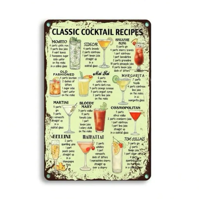 1pc Classic Cocktail Recipes Vintage Funny Plaque Man Cave Metal Tin Signs Bar Decor Accessories Beer Club Wall Decorations 8x12 Inches,Wall Art,Canvas,Poster Decorative Room