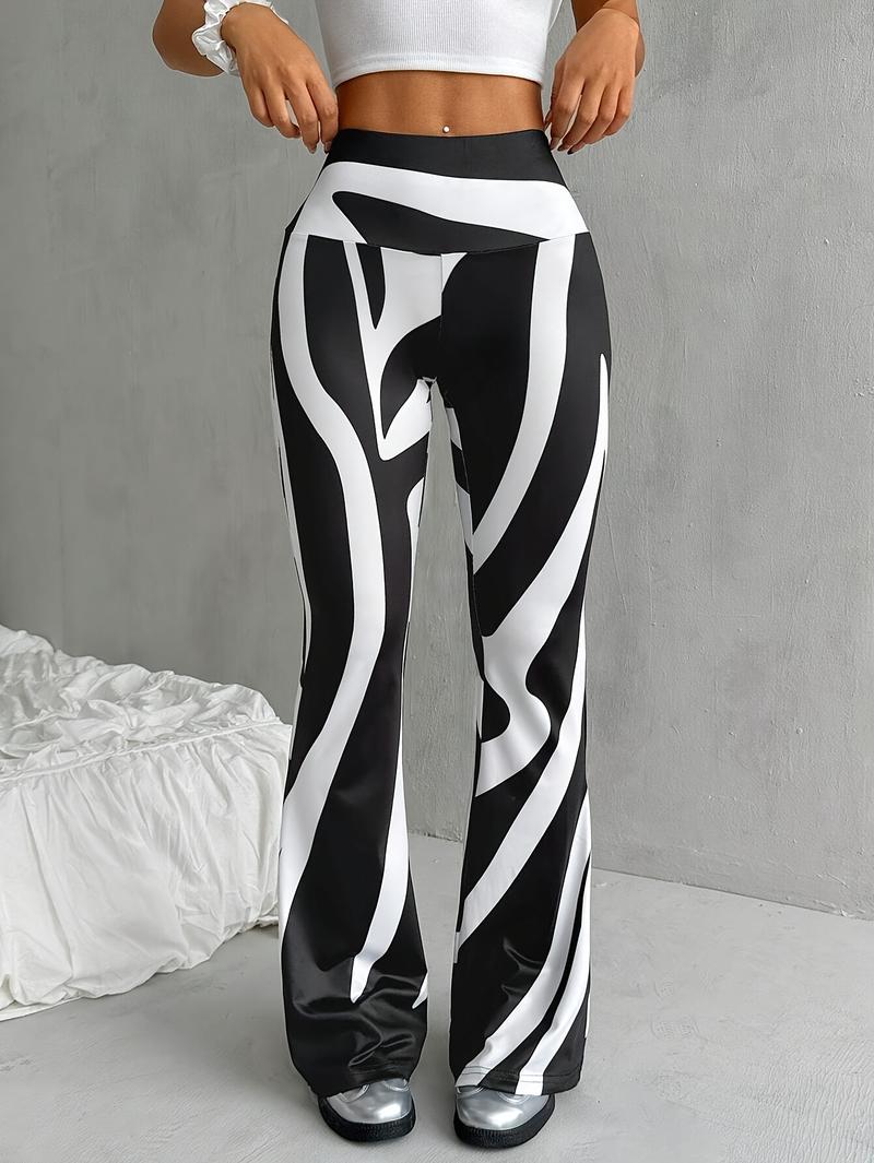 Product Introduction of Elegant High-Waist Zebra Print Flare Pants for Women - Stretchy Polyester Bell Bottoms with Slim Fit, Machine Washable, Perfect for All Seasons 0