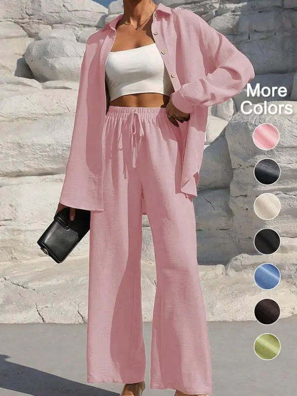 Women's Solid Button Front Shirt & Tie Front Wide Leg Pants Two-piece Set, Casual Drop Shoulder Long Sleeve Blouse Top & Trousers 2 Piece Set for Spring & Fall, Women's Clothes for Daily Wear