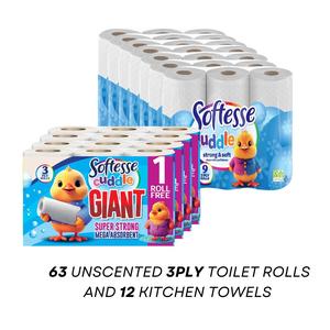 MOST POPULAR 63 Toilet Rolls + 12 Kitchen Towel - 3 Ply Non Scented & SOFTESSE CUDDLE - Tissue, Lightweight