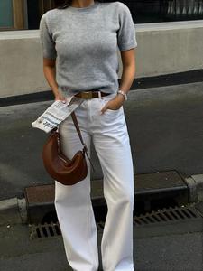 Women's Plain Crew Neck Sweater, Casual Slim-fitting Short Sleeve Jumper for Summer, Fashion Women's Knitwear for Daily Wear, Tops