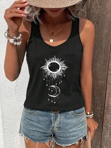 Women's Sun & Moon Print Round Neck Tank Top, Summer Clothes Women, Casual Sleeveless Crew Neck Top for Summer, Fashion Women's Clothing for Daily Wear
