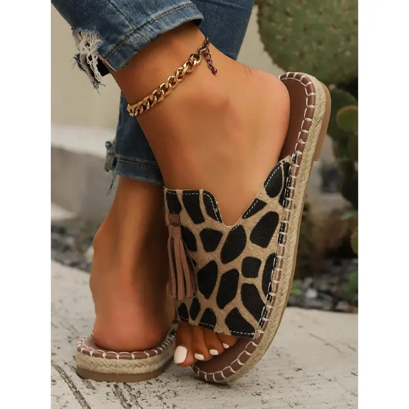 Women Fringe Fabric Summer Sandals Brown Peep-Toe Slippers 2